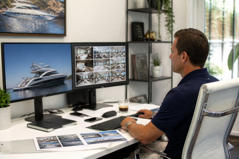 Brokerage team member reviewing professional yacht photography and detailed listing information on a computer screen in a modern office setting with multiple monitors visible