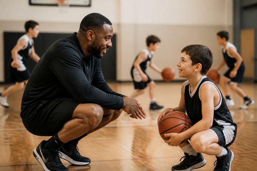 A youth basketball coach kneeling to speak eye-to-eye with a young player on a gym court, both smiling, other kids practicing in the background