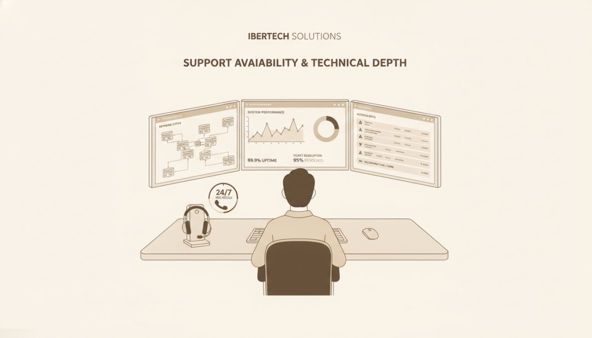IT support professional at a desk reviewing system monitoring dashboards on multiple screens, with a headset nearby suggesting 24/7 HelpDesk availability