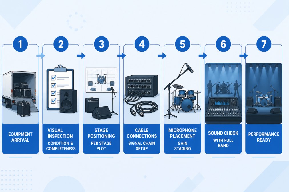 Flowchart detailing the backline load-in process to know what to look for in backline equipment before a performance.