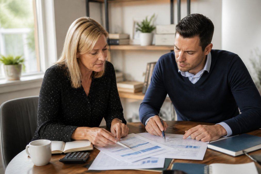Business owner and professional bookkeeper reviewing financial documents and a laptop screen in a home office