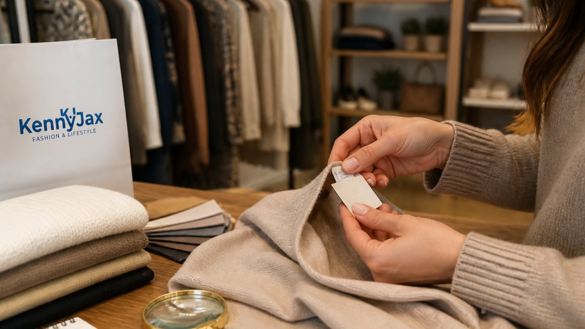 Close-up of a person's hands examining a clothing label and fabric tag on a garment in a well-lit boutique setting, with racks of clothing softly blurred in the background