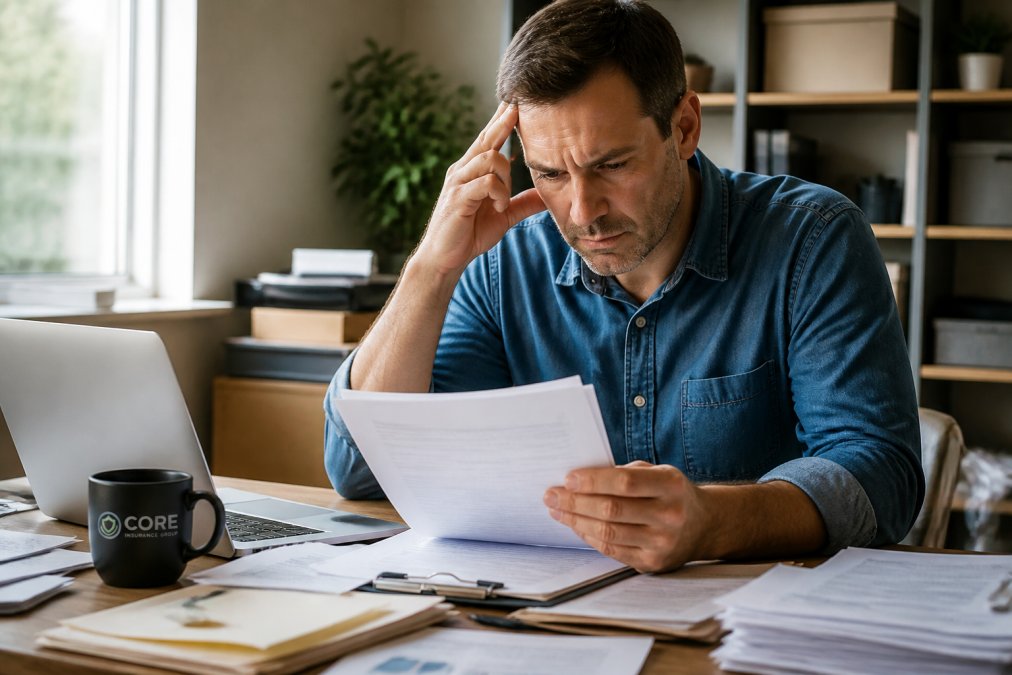 A small business owner in a casual shirt reviewing insurance documents at a cluttered desk, laptop open and coffee mug nearby, with a concerned expression under natural office lighting