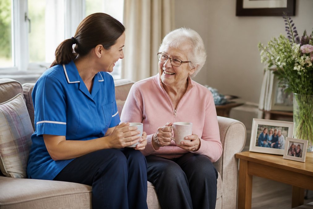 A carer sitting beside an older adult in a bright living room, both smiling and talking over a cup of tea, with family photos on a side table nearby