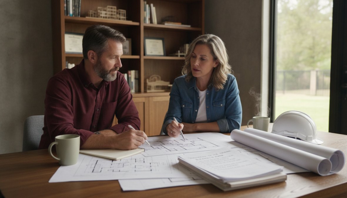 Homeowner and contractor sitting at a table reviewing blueprints and project documents during an initial consultation, natural daylight from windows