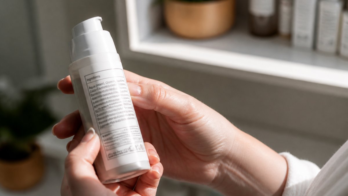 Close-up of hands holding a skincare product bottle, examining the ingredient label with natural lighting, showing clear text and packaging details
