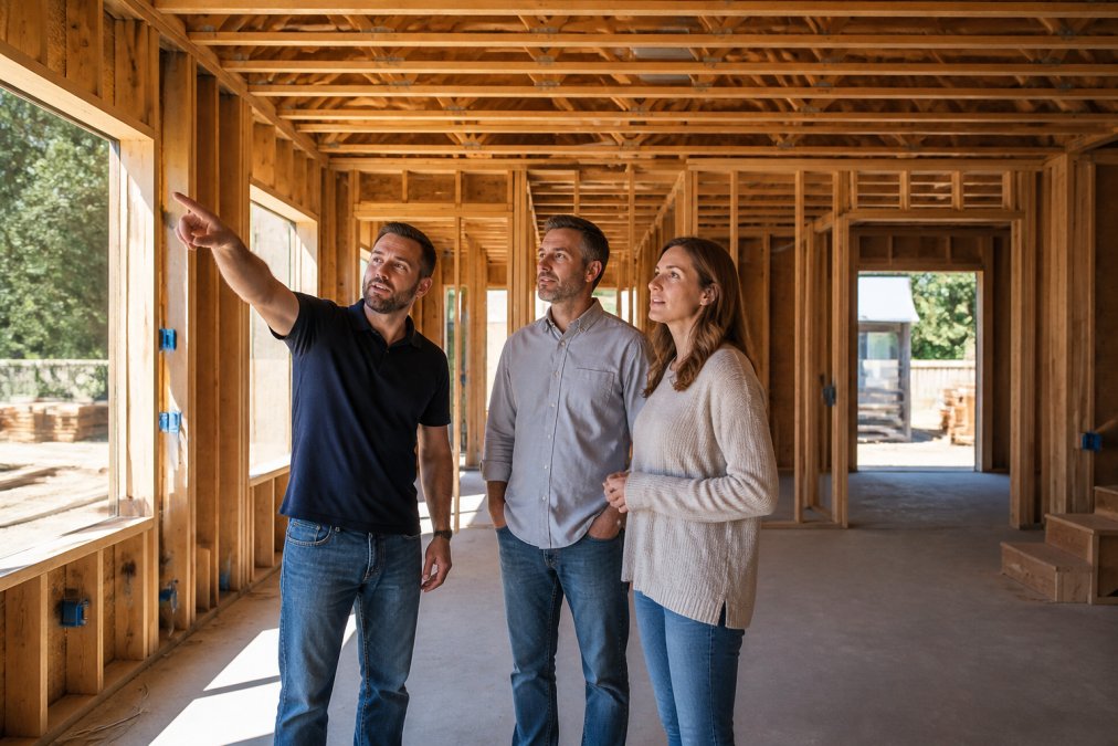 An architect and homeowner walking through a custom home construction site with the builder, reviewing finished framing and natural light streaming through window openings