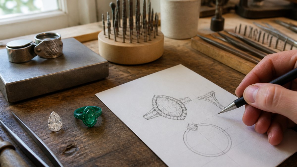 A jeweler's workbench in a bright studio, with a hand-drawn ring sketch, a carved wax model, and a loose pear-shaped gemstone laid out beside precision tools under natural window light