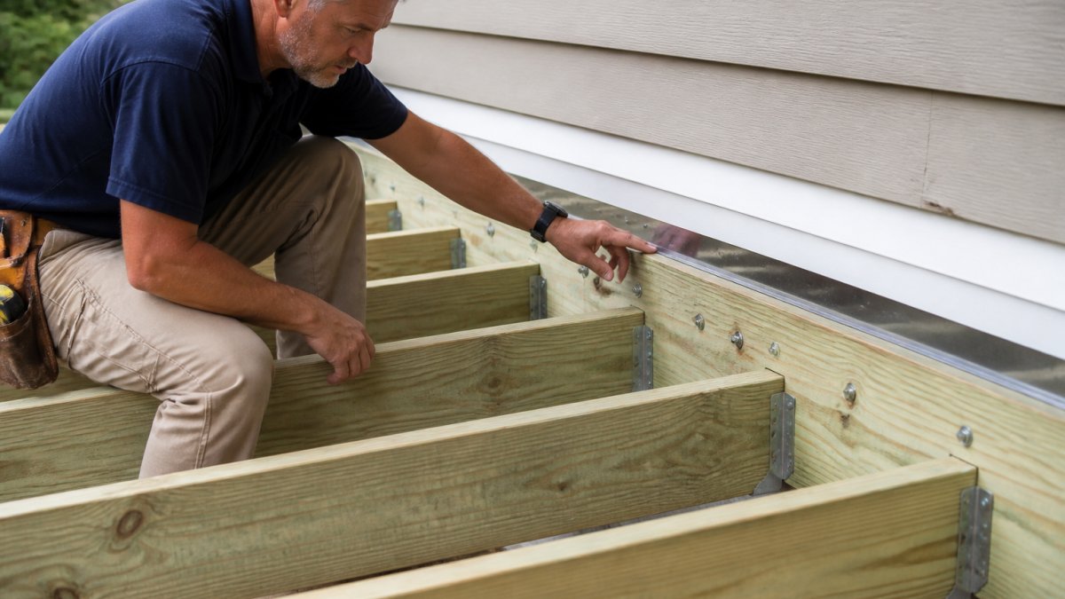 Professional contractor examining deck framing showing properly spaced pressure-treated joists, ledger board connection with visible metal flashing, and stainless steel fasteners during construction inspection