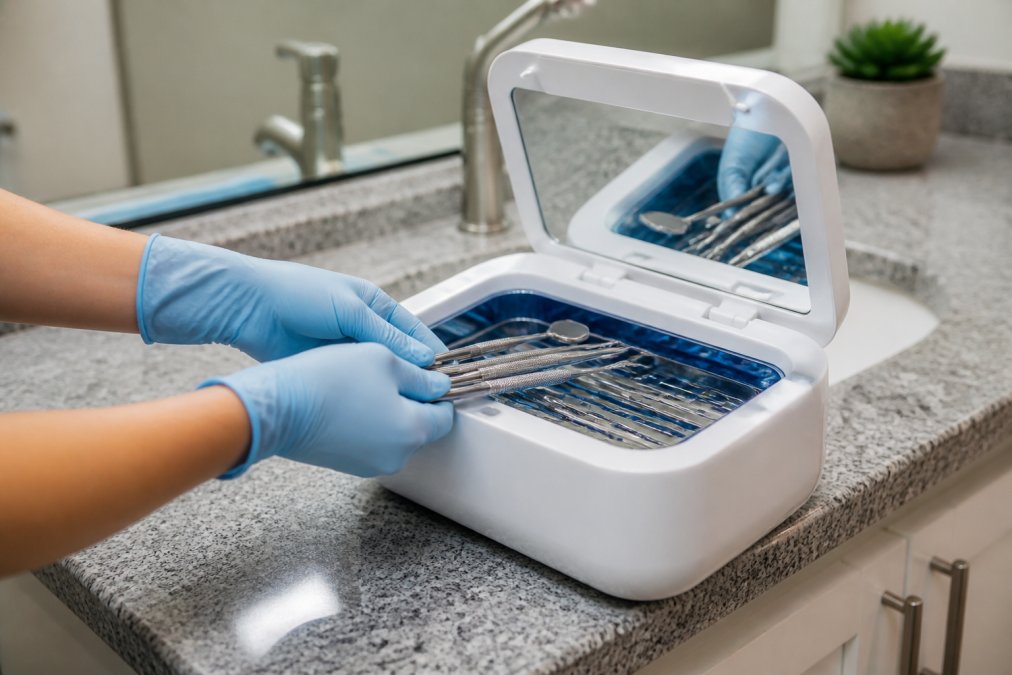 Hands carefully placing stainless steel dental instruments into a UV-C light sanitizer device on a clean bathroom counter with soft ambient lighting