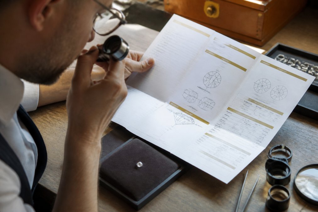 Professional jeweler examining a diamond grading report document under magnification with a loupe and loose diamond visible on a workbench with professional lighting