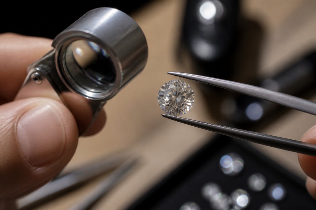 Close-up of a diamond being examined under magnification, light refracting through facets creating brilliant sparkles and rainbow fire, jeweller's loupe visible in frame