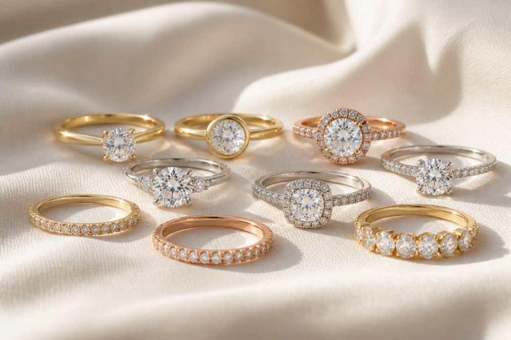 Elegant collection of diamond rings displaying varied setting styles, prong, bezel, halo, and pavé, arranged on soft cream fabric with natural daylight illuminating the different metal finishes and gemstone arrangements