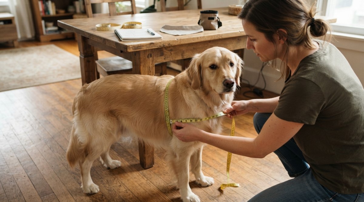 A close-up of a person using a soft measuring tape around a calm dog's chest, with the dog standing on a floor at home in natural light
