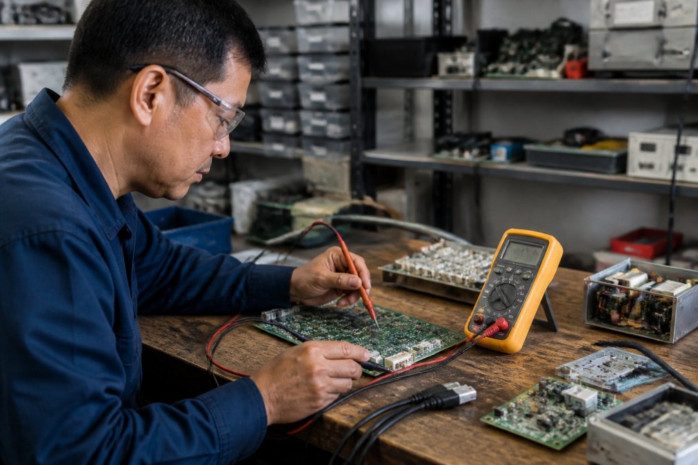 Technician using a digital multimeter to test circuit board components to determine what to look for in electronics
