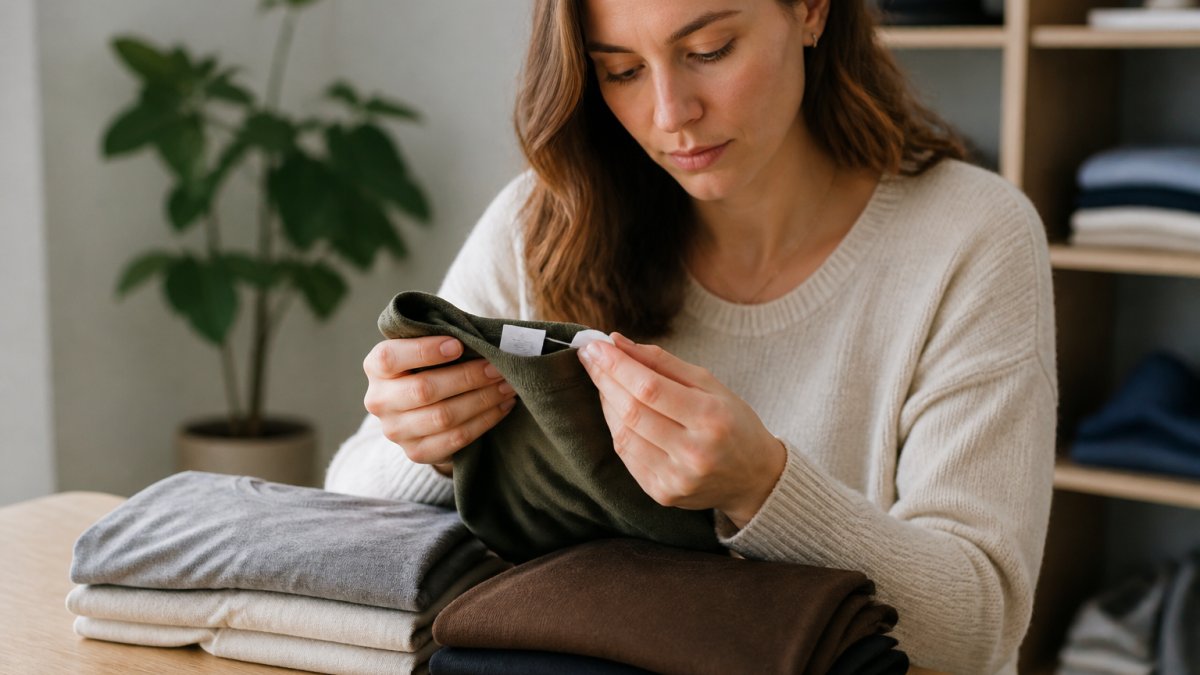 Woman holding a folded Christian t-shirt and examining the care label and fabric closely, with natural lighting showing the garment's quality and construction details
