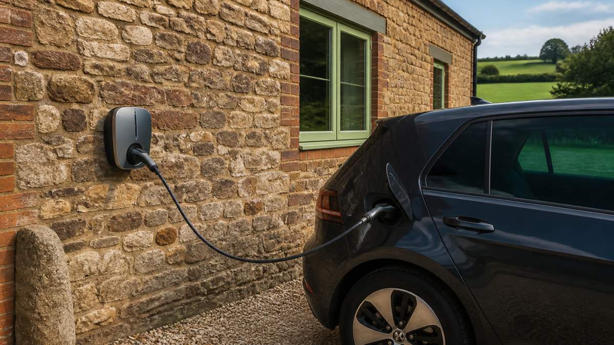 Modern electric vehicle charging station mounted on stone barn wall with parked car in daylight, showing practical on-site charging setup at a holiday property