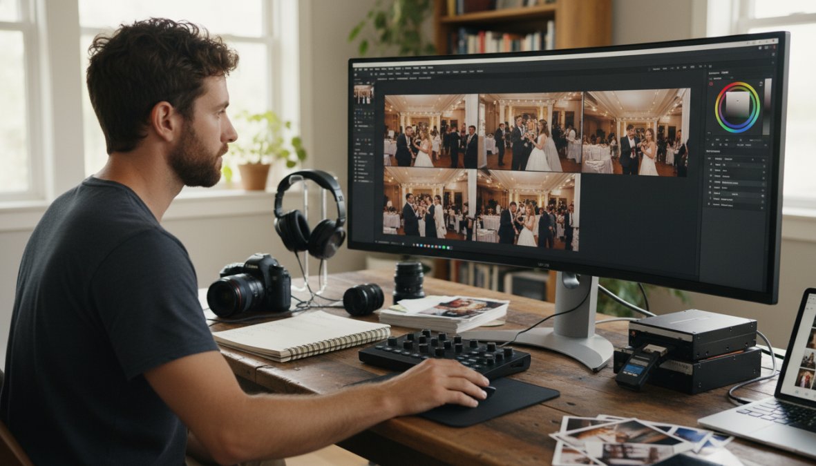 A photographer seated at a wide desk in a dim home studio, editing high-resolution event photos on a large color-calibrated monitor, with a second screen showing a photo management application, a printed shot list on the desk beside a coffee cup, and warm desk lamp light illuminating the workspace