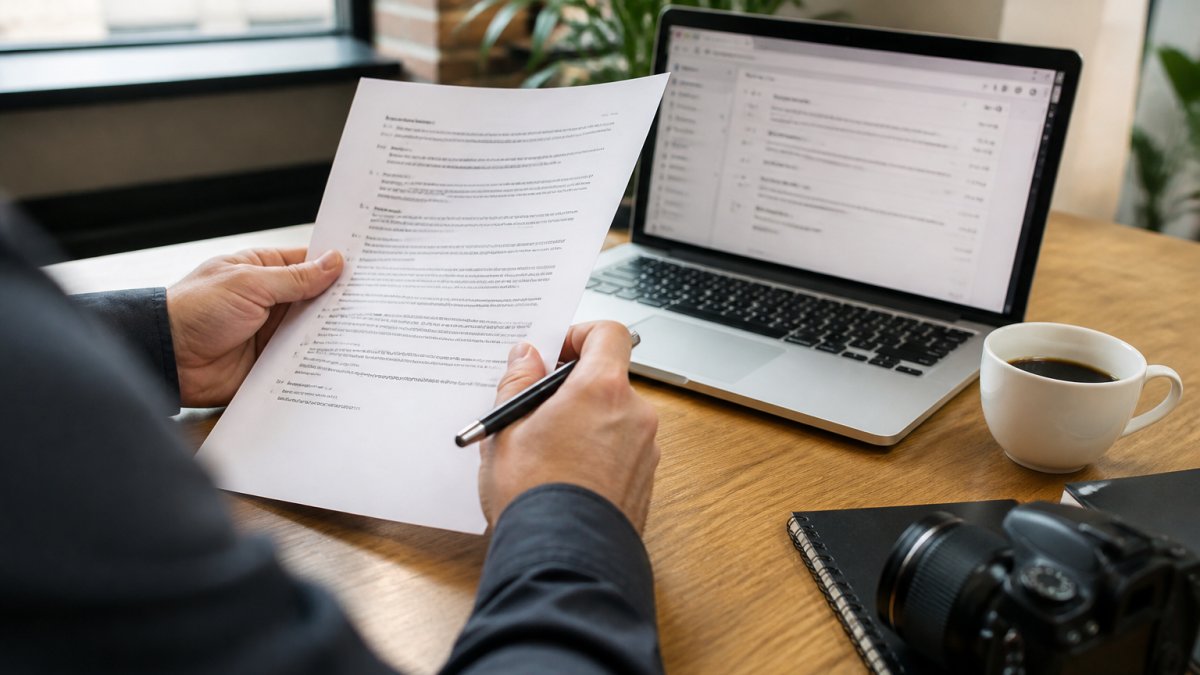 A desk setup illustrating the process of reviewing event photography contracts with a printed form and laptop.