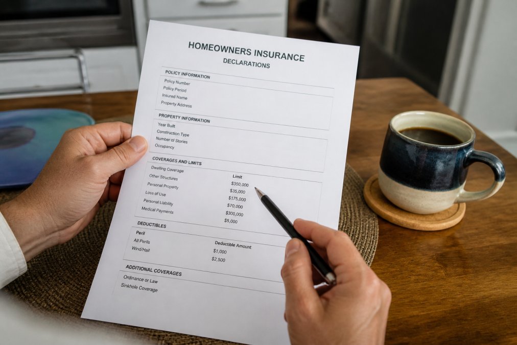 Close-up of a homeowner's hands holding a printed insurance declarations page, with a pen pointing at the coverage limits section, set on a kitchen table with a coffee mug nearby
