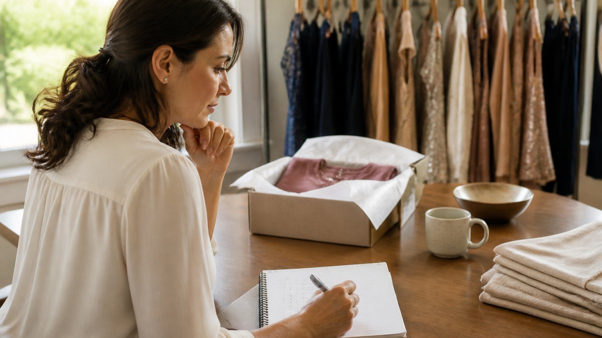 A woman in her 30s sitting at a tidy desk with a laptop, reviewing a formal wear return policy on screen, with a printed checklist and a pen beside her, soft natural light