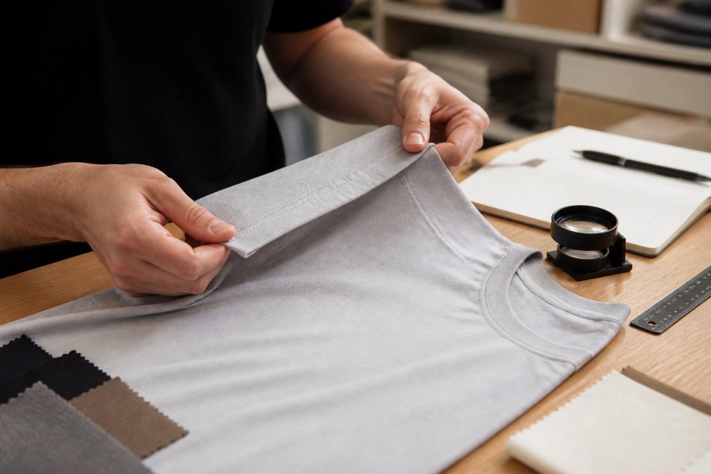 Hands inspecting the reinforced hem and thick cotton texture of a heavy oversized t-shirt in natural light