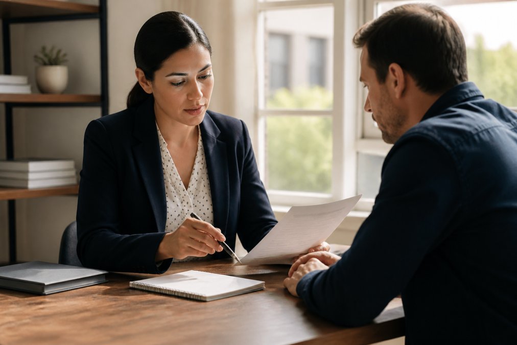 Professional insurance agent sitting across from client at wooden desk, reviewing policy documents together with notepad and pen visible, warm office lighting from window behind