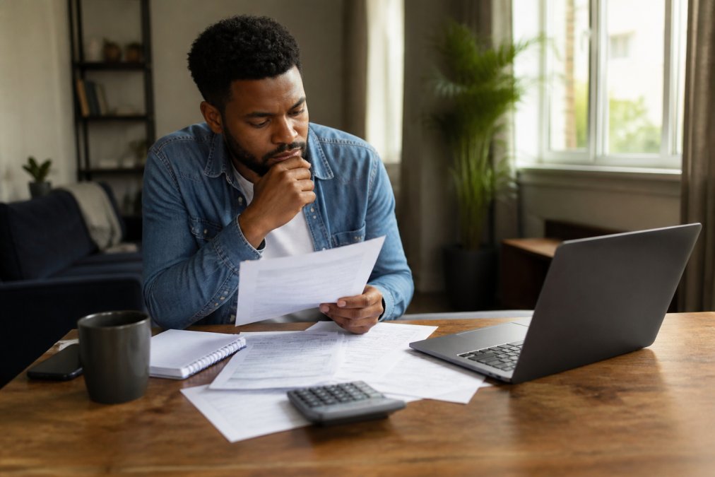 Person reviewing insurance quotes on laptop at home with multiple documents spread across desk, coffee cup nearby, focused expression, natural afternoon lighting