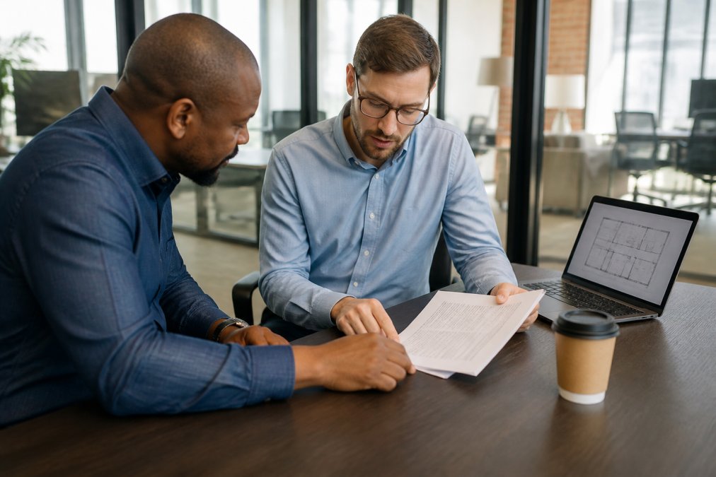 Facility managers reviewing a scope of work process within janitorial contracts at an office conference table