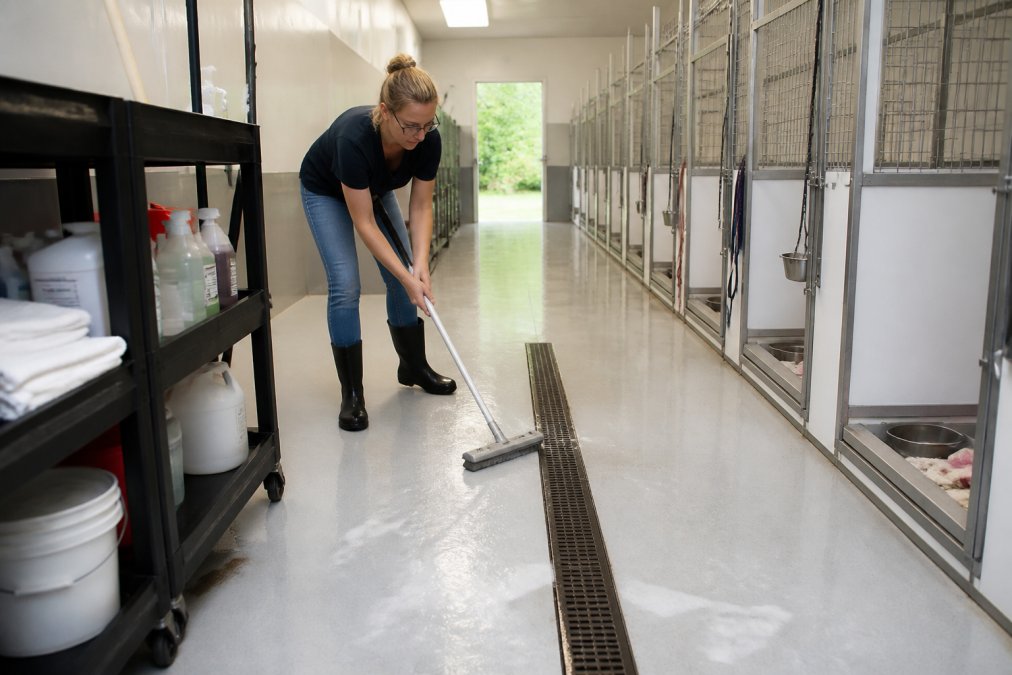 Professional staff member in bright kennel facility with non-porous flooring, cleaning and disinfecting surfaces with visible drainage system and organized cleaning supply storage