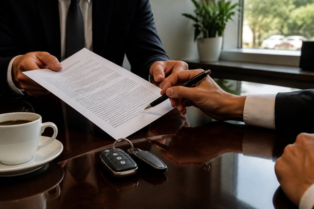 A close-up of a person's hands holding a luxury car rental contract and a pen, with a set of car keys resting on a polished table beside a coffee cup, in a bright modern office setting