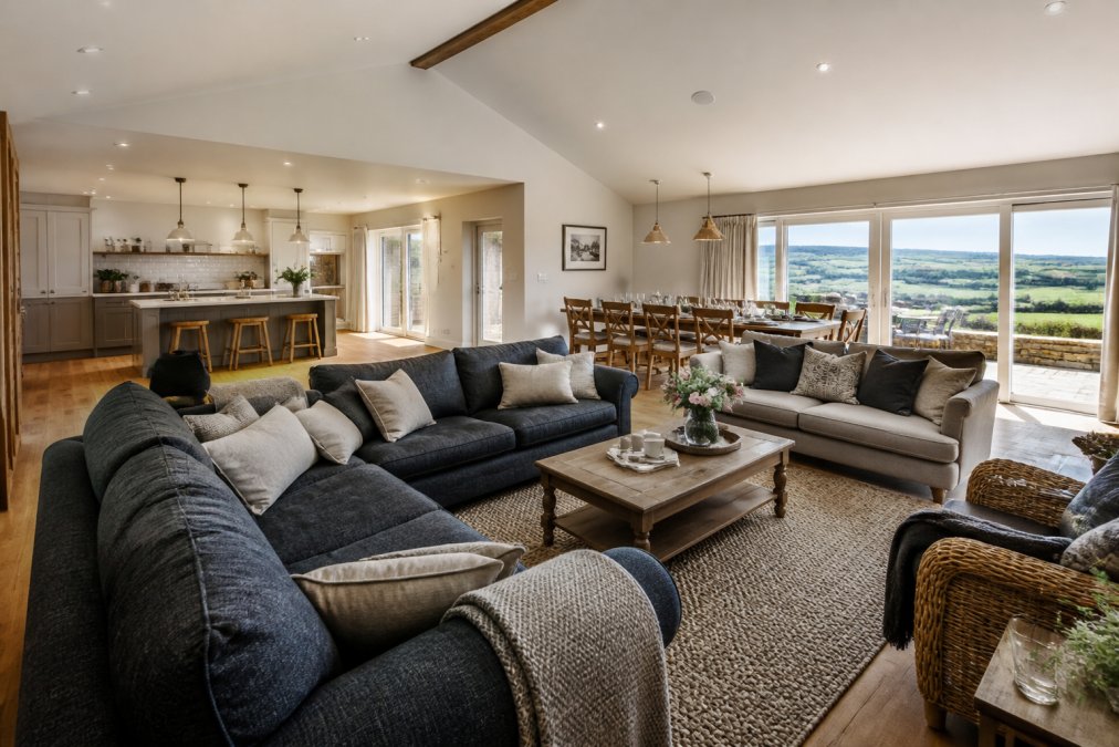 Spacious, bright open-plan living area with multiple distinct seating zones, comfortable sofas arranged for conversation, large windows framing countryside views, natural daylight illuminating the space, showing how a luxury rental comfortably accommodates large groups