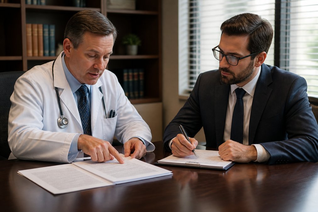 Physician and attorney reviewing malpractice insurance clauses together at a desk