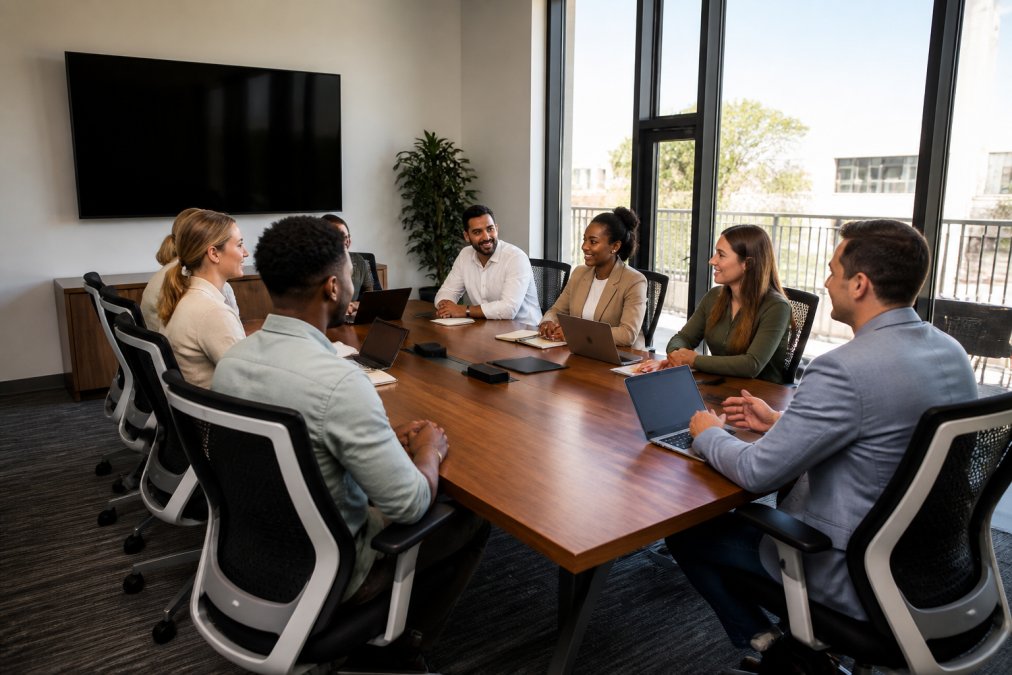 Diverse team of professionals seated around a polished conference table in a bright, modern meeting room with large digital display on the wall, natural light streaming through floor-to-ceiling windows, and contemporary ergonomic chairs