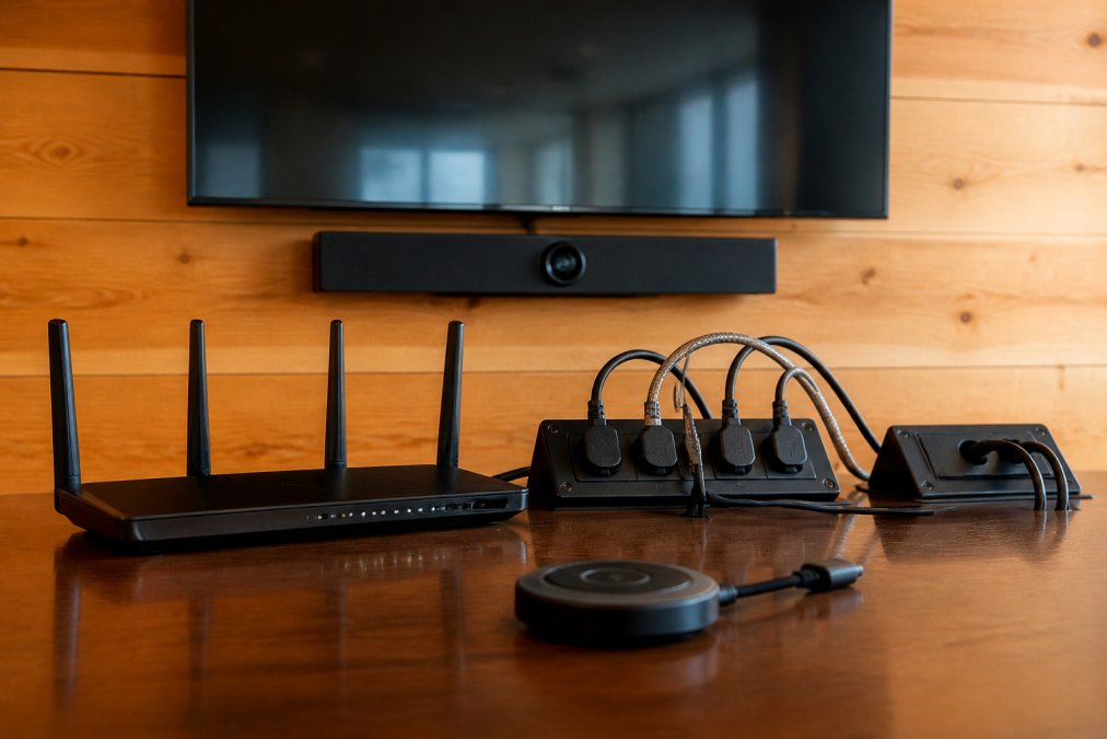 Close-up of conference room setup showing modern router with multiple antennas, power outlet strips with multiple cables plugged in, large video conferencing monitor mounted on wall, and wireless screen sharing device on polished desk surface
