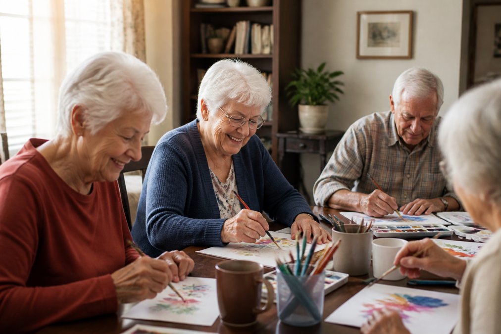 Small group of older adults engaged in a therapeutic art activity together in a bright, comfortable living room with warm natural lighting, smiling and focused on their creative work