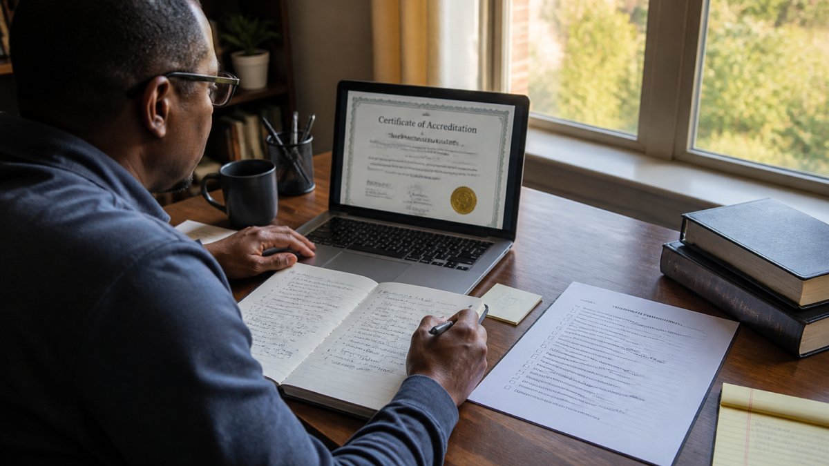 A person at a home desk comparing an accreditation certificate on screen with handwritten notes and a printed checklist beside a laptop, warm afternoon light through a window