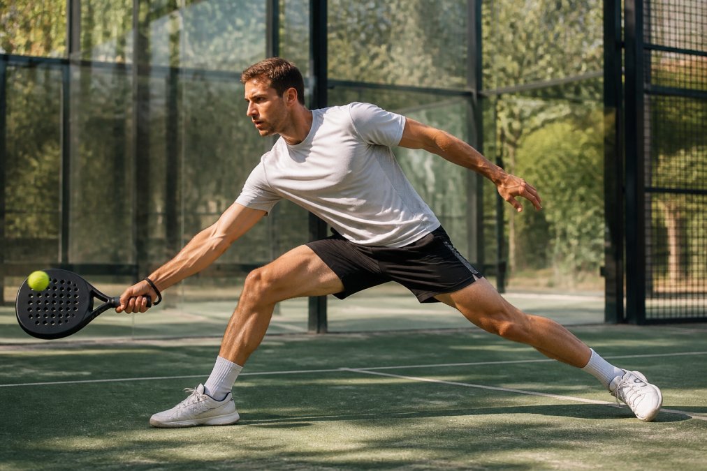 Professional padel player demonstrating dynamic lateral movement on court, wearing fitted technical apparel that moves fluidly with their body during an explosive side-to-side shot, natural outdoor court lighting