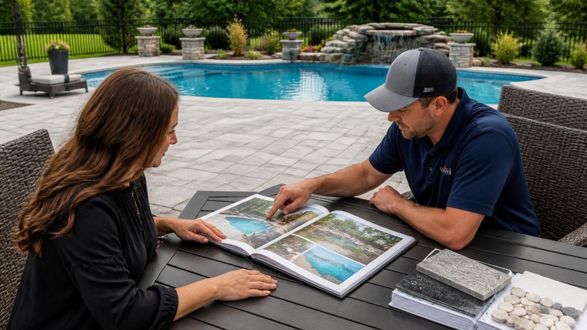 A pool contractor and homeowner reviewing a printed portfolio of completed backyard pool projects at a patio table, with a finished inground pool visible in the background