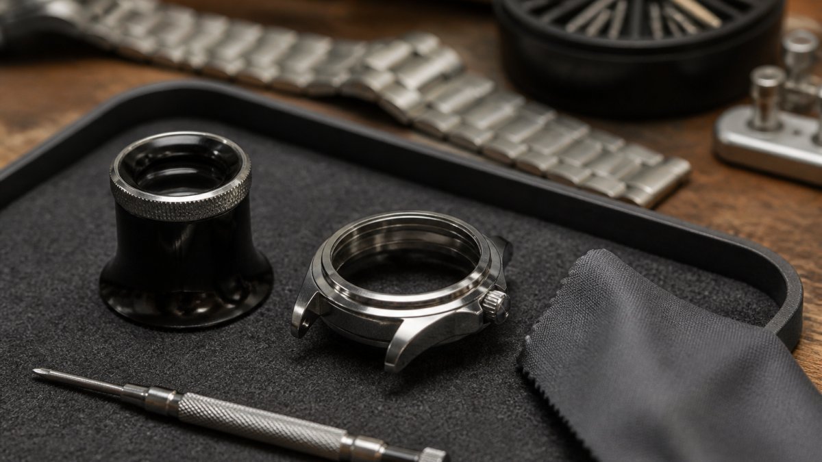 Close-up of a jeweller's loupe and a stainless steel luxury watch case on a dark felt tray, with a small screwdriver and polishing cloth nearby in a warm workshop setting