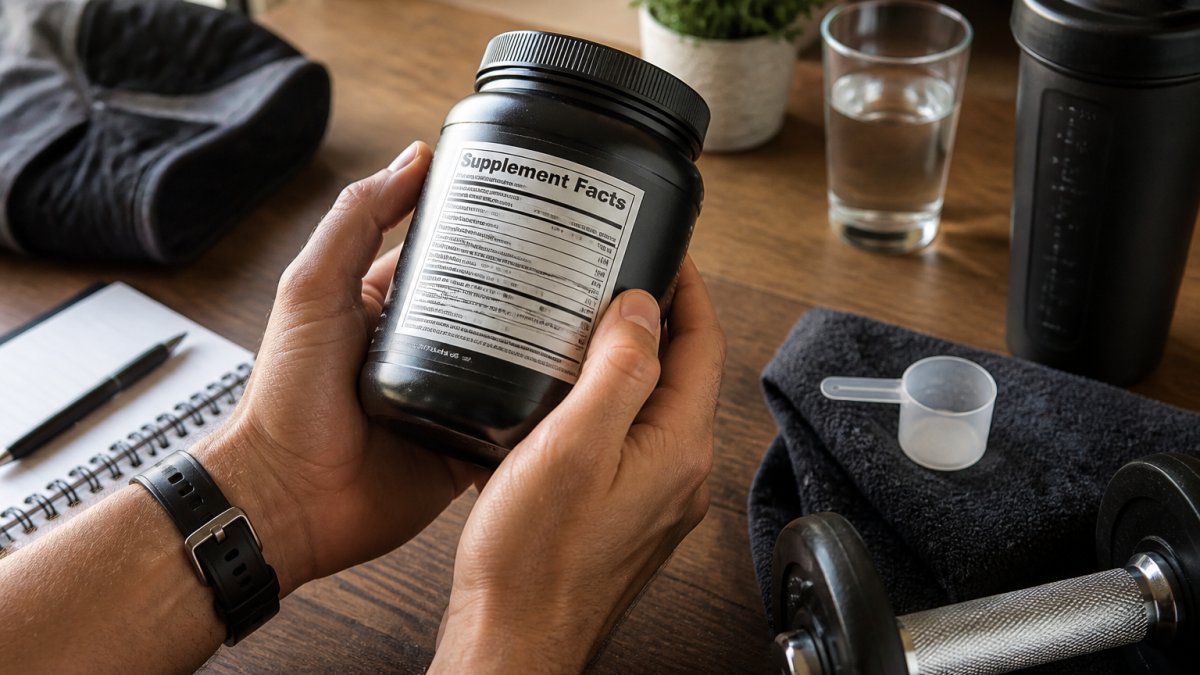 Close-up of hands holding a supplement bottle, examining the Supplement Facts label with ingredient list in natural lighting