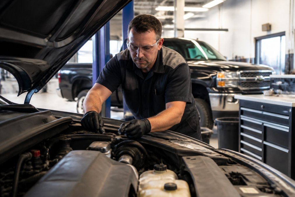 Professional technician in uniform performing vehicle inspection in clean, well-lit service bay with diagnostic equipment visible on workbench