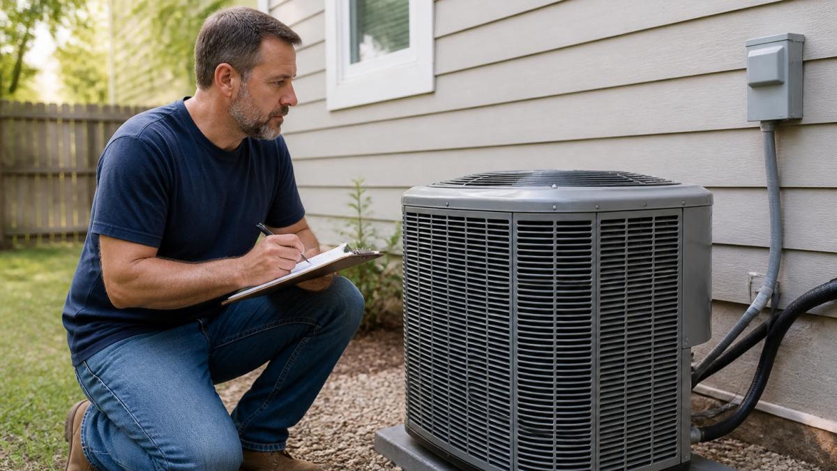 A homeowner in casual clothes inspecting an outdoor HVAC unit on the side of a house, holding a clipboard with a checklist, daylight scene