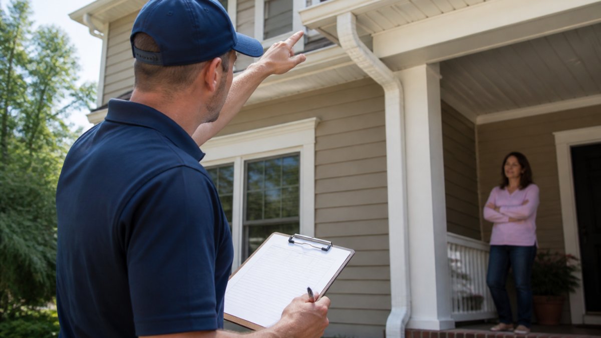 A uniformed technician with a clipboard inspecting a home's exterior trim and gutters on a clear day, homeowner watching from the porch