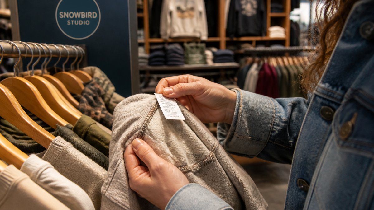 Gros plan sur des mains examinant les coutures, les points et l'étiquette de composition d'un vêtement lors d'une virée shopping dans un magasin sous un éclairage naturel