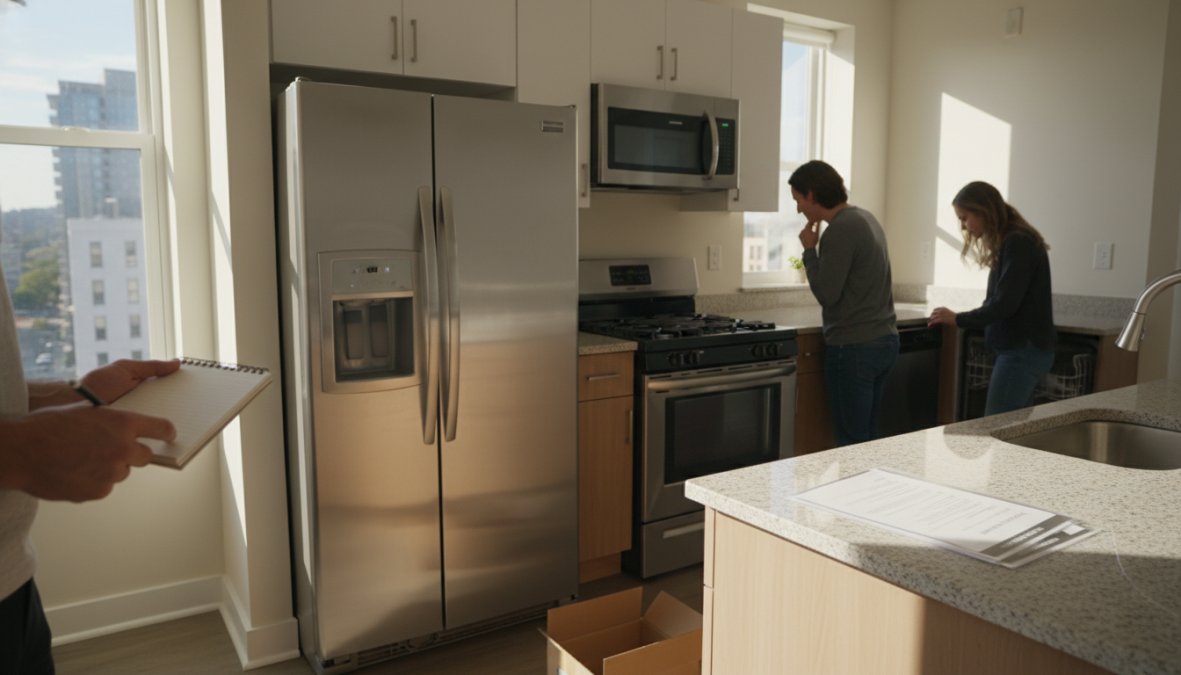 A prospective renter holding a clipboard and pen, conducting a detailed move-in inspection walkthrough in a bright modern apartment kitchen with stainless steel appliances, open cabinet doors, and warm afternoon light coming through large windows