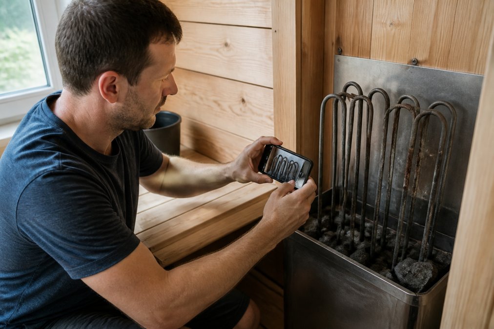 Homeowner reviewing sauna warranty documentation and taking detailed photographs of heating element damage for warranty claim submission, with natural light from window