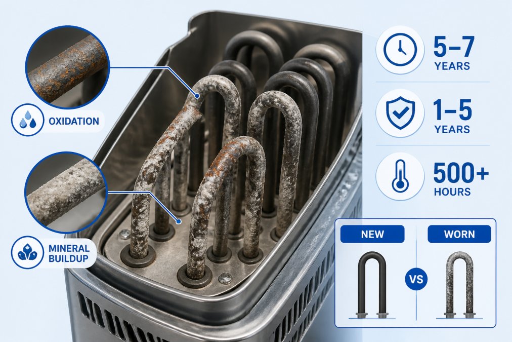 Close-up of sauna heating element showing visible oxidation and mineral buildup on metal coils, photographed under bright workshop lighting to reveal internal component wear patterns