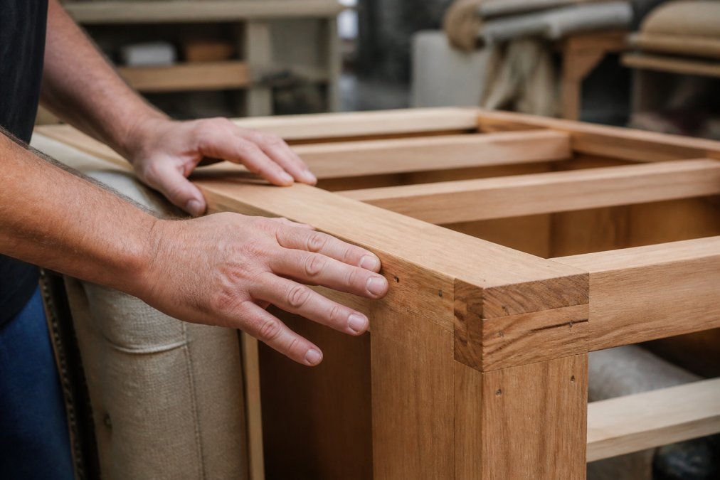 Close-up photograph of hands running along the exposed wooden frame of an upholstered sofa, showing visible grain and joint detail in a well-lit workshop