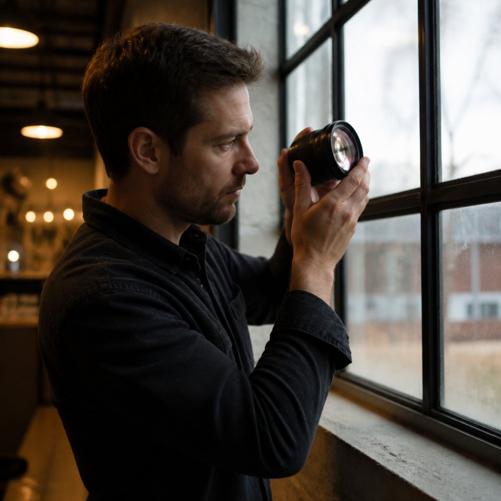 Close-up of a photographer's hands holding a used camera lens up to a window, inspecting the front glass for scratches in soft natural light